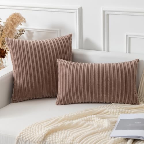 Kevin Textile Striped Corduroy 16”x16” Pillow Covers 2 Pack, Light Brown - color: Light Brown, size: 16" x 16" (Pack of 2)