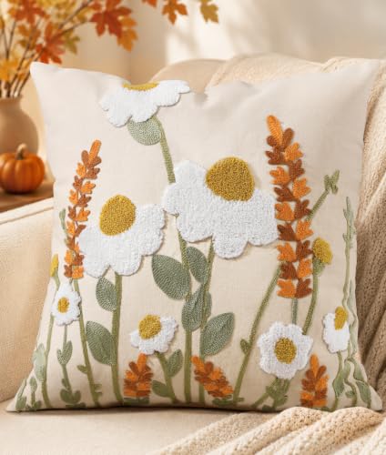 Embroidered Throw Pillow Cover, 18x18 Inch, Fall Wildflower - color: Fall Wildflower, size: 18" x 18" (Pack of 1)