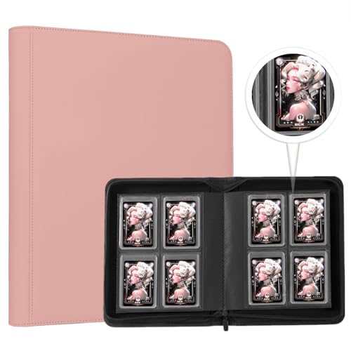 Toploader Binder,4-Pocket Double Sided Top Loaders Binder,Holds 128 Cards in 3"x4" Toploaders,PU Leather Card Binder Abulm for Toploader Trading,Sports,and Gaming Cards (Pink) - color: Pink