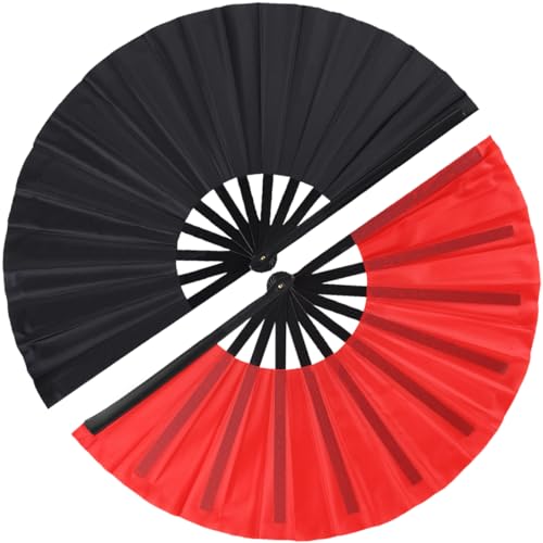 2 Pack Large Folding Hand Fan for Men/Women, Vintage Retro Fabric Fans, Chinese Kung Fu Tai Chi Hand Fan for Festival, Dance, Gift, Performance, Decorations (Black&Red) - color: Black & Red