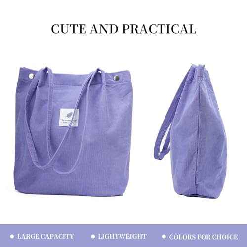 Corduroy Tote Bag Cute Tote Bags for Women Shoulder Bag with Inner Pocket for Work Beach Travel and Shopping Grocery - style: Purple