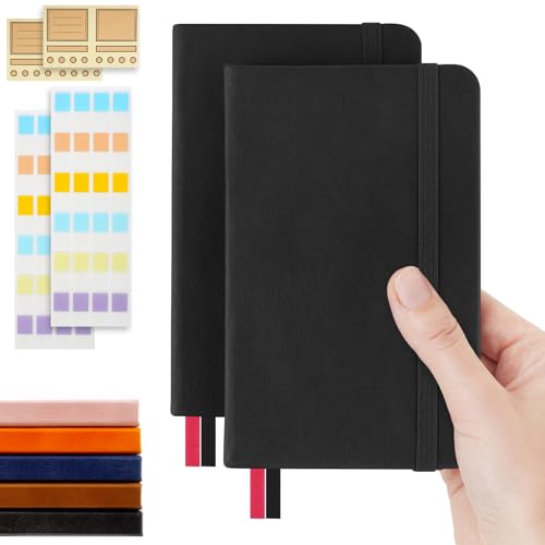 Pocket Dotted Notebook, 2-Pack Dot Grid Notebook, Dotted Journal with Stickers, 3.5" x 5.5" Hardcover, Small Mini A6 size, 160 Pages, 100 gsm Thick Paper, Black - color: Black