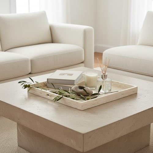 PEMAR 20x20 Mother of Pearl Ottoman Tray, Decorative Tray with Handles - color: White Cream