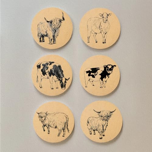 Hand Drawn Cow Coasters with Holder Set of 6,Farm Illustration Absorbent Cork Coaster for Cup Desk Office Table Kitchen Decor House Warming Gifts for New Home Couples, Round 4" - color: Cow