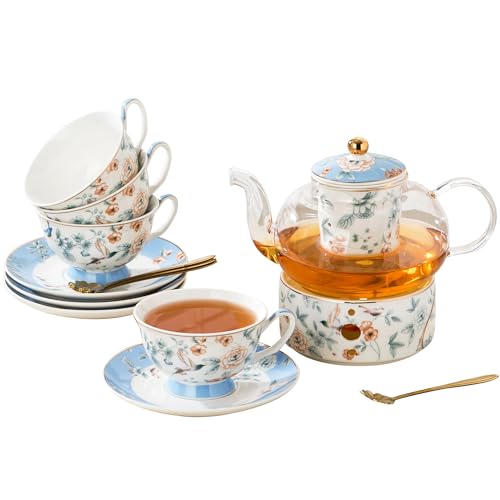 Jusalpha Porcelain Tea Set, Blue Floral Series, 4 Cups and Saucers with Teapot, Warmer, Filter and Spoon, 16 Pieces