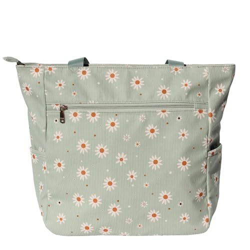 ESVAN Original Floral Water Resistant Large Tote Bag Shoulder Bag for Gym Beach Travel Daily Bags Upgraded - color: Corduroy Matcha Daisy