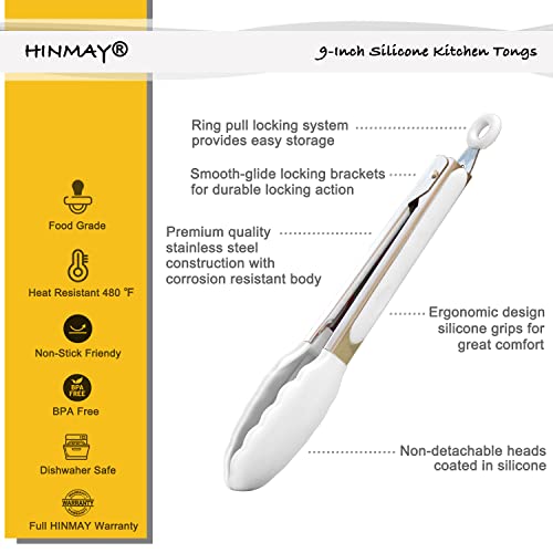 HINMAY Silicone Kitchen Tongs 9-Inch Basics Tongs, Set of 3 (White) - color: White