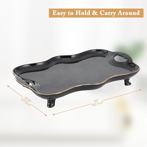 DUJUST Porcelain Serving Tray with Handles, Luxury British Style Coffee Table Tray with Golden Rim, Beautiful Tea Tray Decor for Living Room, Easy to Use & Clean - Black - color: Golden Rim: Black