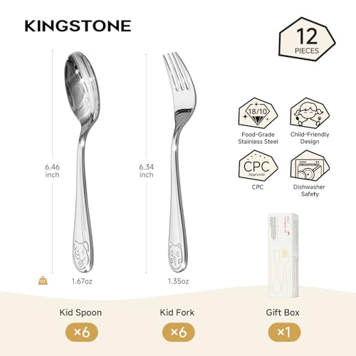 KINGSTONE 12 Pcs Large Kids Silverware, 18/10 Stainless Steel, Cat & Dog - color: Cat & Dog, size: 12-Piece (Large)