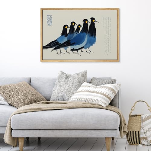 SIGNFORD Framed Canvas Print Wall Art Oriental Style Blue Birds Modern Asian-Inspired Minimalist Illustrations Modern Art Decorative Boho Relax/Zen for Living Room, Bedroom, Office - 16x24 NATURAL - color: B08-2508-M28, size: 24"L x 16"W