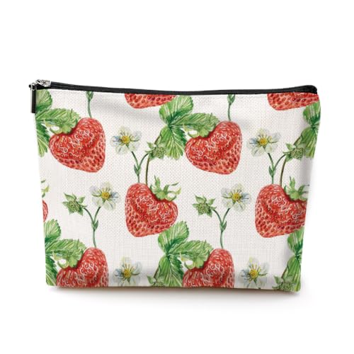 Boho Makeup Bag, Watercolor Strawberry Cosmetic Bag Makeup Organizer Pouch - color: Strawberry