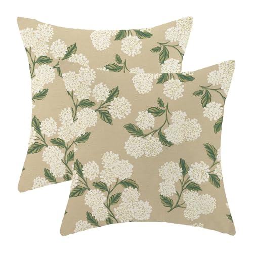 Spring Pillow Covers 18x18 Pack of 2 Green Beige Hydrangea Floral Decorative Throw Pillow Covers Outdoor Decoration Summer Seasonal Flower Pillowcase Farmhouse Linen Cushion Case for Home Sofa - color: Beige Hydrangea Floral-a, size: 18" x 18" (Pack of 2)