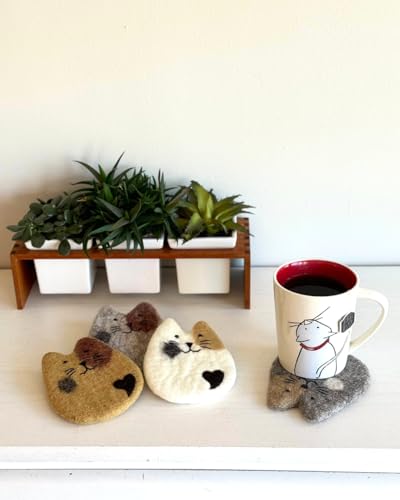 Humble Hilo Handmade Animal Felt Coaster Set of 4, Absorbent Coaster for Animal Lover (Cats) - color: Cats