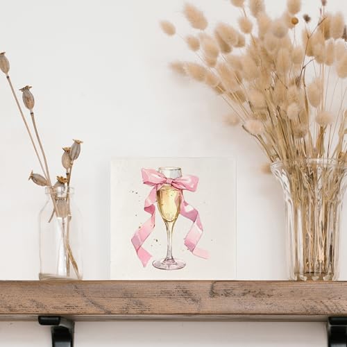 Pink Bow Champagne Flute Wooden Box Sign, Preppy Girly Room Decor Aesthetic, Pink Girly Wood Signs for Girls Room Dorm Apartment Desk Table Shelf Decor, 5x5 Inch - color: A-Pink Bow Champagne