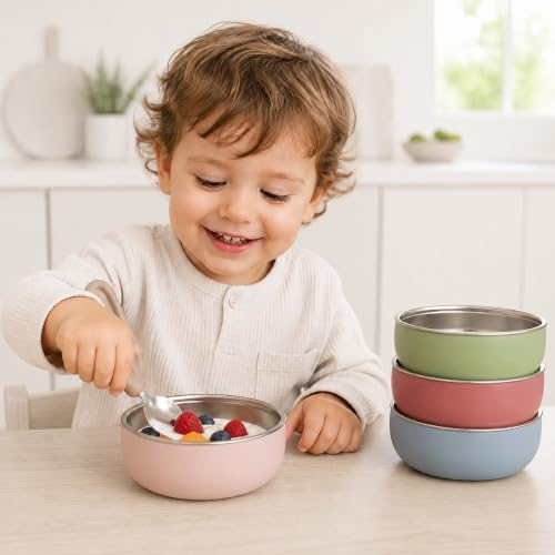 Monkey Proof™ Non-Toxic Stainless Steel Child Bowl 5” with Non-Slip Silicone Shell, Multi-color, (Set of 4 bowls) Unbreakable, Mess Free Feeding for Babies, Toddlers, Kids, BPA free - color: Multicolor