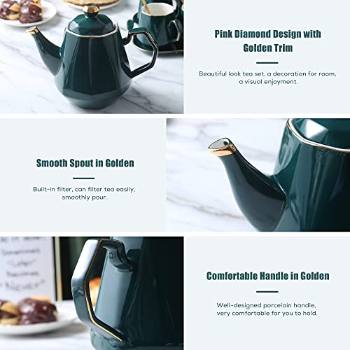DUJUST 14 pcs Tea Set of 6 with Tray & Spoons, Modern Diamond Design Tea/Coffee Cup Set with Golden Trim, Chic Porcelain Living Room Decor, Fine-China Teapot Party Set, Gift Package - Green - color: green: 14pcs tea set