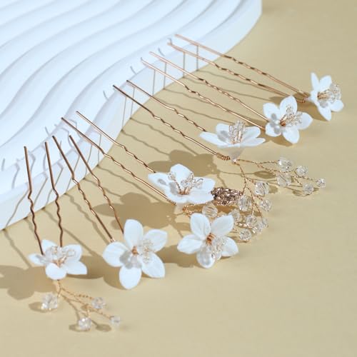 Handmade Pearl Bridal Wedding Hair Pins 6Pcs White Ceramic Flowers Gold Leaf Pearls Clips Wedding Hair Accessories for Women Brides Bridesmaid (Set-G-Gold) - color: Set-G-Gold