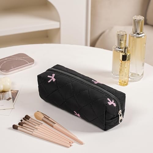 Cute Floral Cotton Makeup Brush Cosmetic Bag for Women, Travel Quilted Zipper Make Up Bag, Flowers Toiletry Organizer Case Kawaii Makeup Cosmetic Travel Cloth Pouch (Black) - color: 13 Black