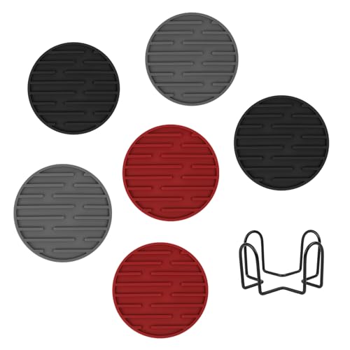 Silicone Coasters for Drinks Coaster Set of 6 pcs Cup Coasters with Holder for Coffee Table for Home Decor for Kinds of Cups Cute Tabletop Protection Suitable Gift for Friend Rubber Drink Coaster Set - color: Blackgrayred