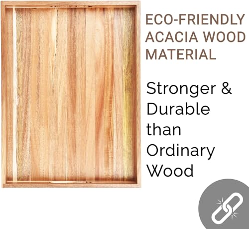 Acacia Wood Serving Tray with Handles Set of 2 – Decorative Serving Trays Platter for Breakfast in Bed, Lunch, Dinner, Patio, Ottoman, Coffee Table, BBQ, Party –Great for Lap &Couch - color: Set of 2