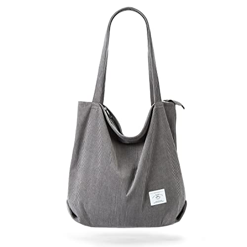 KALIDI Women Corduroy Tote Bag Zipper Casual Tote's Handbag Big Capacity Shoulder Bag with Pockets - color: Grey01