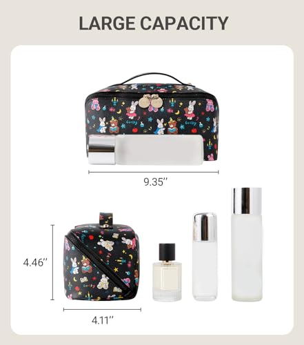 Aveniee Travel Makeup Bag for Women, Large Cosmetic Organizer with Open-Flat Design, Clear Divider & Handle - Waterproof PU Leather Toiletry Case (BunnyPattern) - style: Bunny Bear