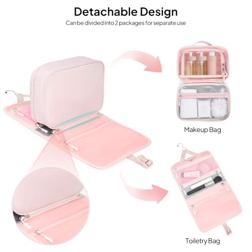 TOPEAST Quilted Travel Toiletry Bag for Women,Detachable Hanging Makeup Bag - color: Pink