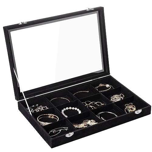 Frebeauty 12 Grid Bracelet Holder Box,Velvet Jewelry Tray with Clear Lid - color: Black, size: 12 Grid