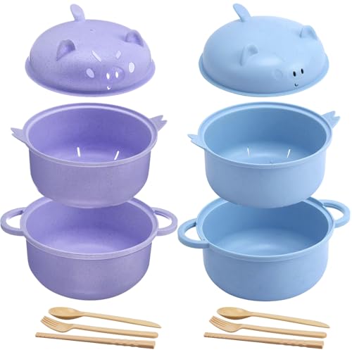 2 Sets 45oz Cute Pig Ramen Bowl Set Microwavable Purple, Nordic Blue - color: Purple,Nordic Blue