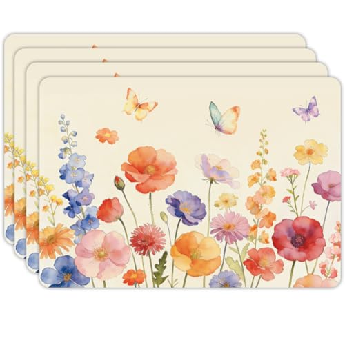 Peacoblue Placemats Set of 4,Faux Leather Wildflower and Butterflie Design - style: Wildflowers and Butterflies