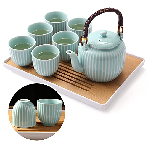 Dujust Japanese Tea Set, Cyan-blue Porcelain Tea Set with 1 Teapot Set, 6 Tea Cups, 1 Tea Tray, 1 Stainless Infuser, Asian Tea Sets for Adults/Tea Lover/Women/Men (Bamboo - Straight Grain Design) - color: Cyan-blue