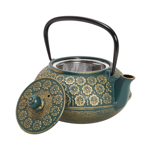 Juvale Cast Iron Tea Kettle with Infuser - 34 oz, Sage Green Floral - Loose Leaf Tea Infuser Pot & Japanese Cast Iron Teapot - color: Green, size: Medium