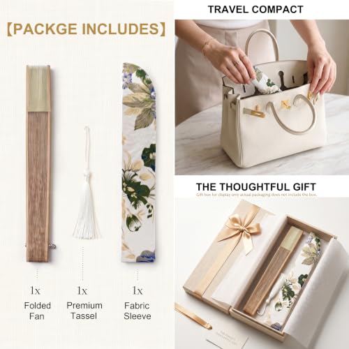 Japanese Folding Hand Fan for Women - Bamboo Silk Handheld Foldable Fan with Tassel & Pouch for Hot Flashes, Rave, Church, Gift,Wedding - Whisper-Quiet, Purse Size (Bamboo White) - color: Bamboo White
