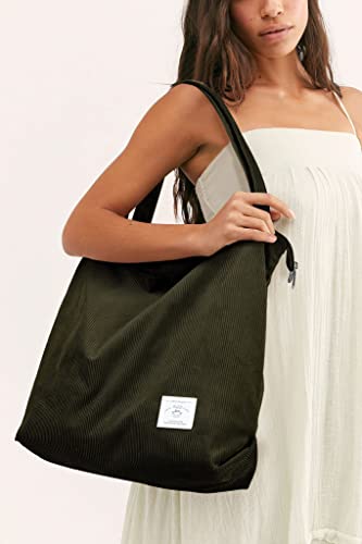 KALIDI Women Corduroy Tote Bag Zipper Casual Tote's Handbag Big Capacity Shoulder Bag with Pockets - color: Army Green