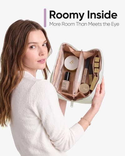 NISHEL Travel Makeup Bag for women, Organizer Pouch Cosmetic Case - color: Beige