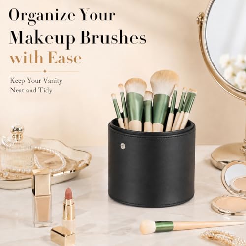 Portable Makeup Brush Holder with Lid - Elegant Pu Leather Makeup Bag Black Brush Organizer for Travel Compact Storage Bucket with Buckle Protective Lid, Easy to Clean, 7.9in X 5.19in