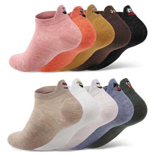 10 Pairs Cute Kawaii Embroidered Low Cut Ankle Socks - color: Fresh Multi Pastel Cartoon Face