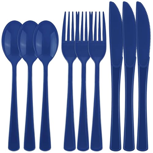 Kochorie 300 Pieces Dark Blue Plastic Silverware with Spoons Forks Knives - color: Dark Blue