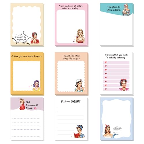 9 Pcs Funny Sticky Notes, Funny Sarcastic Word Self-Adhesive Notes for Women Man, Playful Memo Pad to Do List for Office Worker Coworker Friends Work Accessories - color: Vintage Women