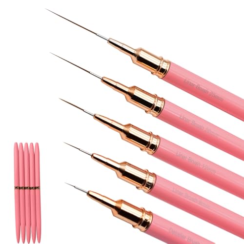 5Pcs Metallic Nail Art Liner Brush Set, UV Gel Polish Painting Tools for Long Lines, Thin Details, Fine Drawing, Sizes 4/8/12/20/25mm (Pink) - color: Pink