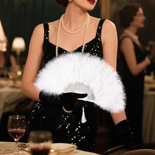 whitefeather Vintage Feather Hand Fan, 17.7 x 11.8 inches, Marabou Feathers, 1920s Style for Costume Parties, Tea Parties - color: White