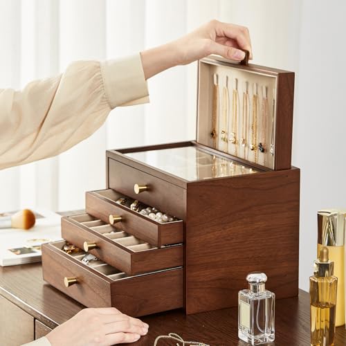 Walnut Wooden Women Jewelry Box with Pull-out Necklace Storage - style: 4 Layer B