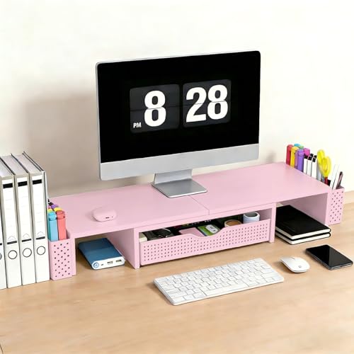 Spacrea Dual Monitor Stand Riser with Drawer and 2 Pen Holders - color: Pink