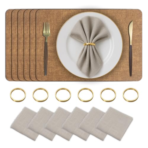Placemats Set of 6 with Napkins and Rings - Washable Faux Leather Table Mat - color: Brown, size: Placemats Set of 6