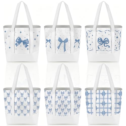 6 Pcs Mini Floral Bow Tote Bags for Women White Canvas Tote Bag Bulk Reusable Coquette Bags for Wedding Party Favor - color: Blue Bow