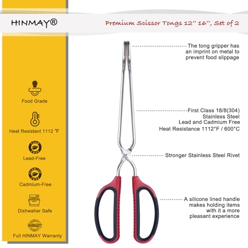 HINMAY 12" 16" Extra Long Stainless Steel Kitchen Scissor Tongs Set (Red) - color: Red, size: 12" 16"