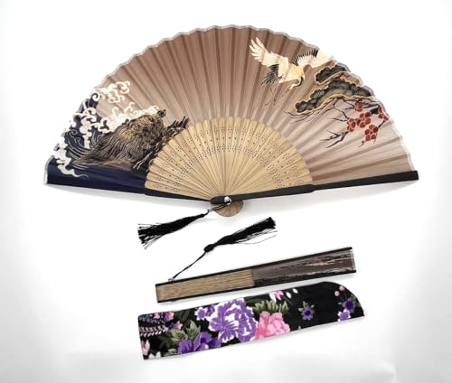 Folding Hand Fan for Women - Foldable Chinese Japanese Vintage Bamboo Silk Fan - with Tassel and Pouch, Perfect for Decoration, Dance, Wedding,Music Festival，Party,Gifting（Red-Crowned Crane） - color: Red-crowned Crane