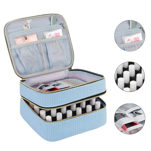 Nail Polish Organizer- Holds 30 Bottles, Nail Organizers and Storage Double-Layer Nail Bag Organizer Case Nail Polish Holder with Handle, Nail Kit Organizer for Manicure Tools (Blue) - color: Blue