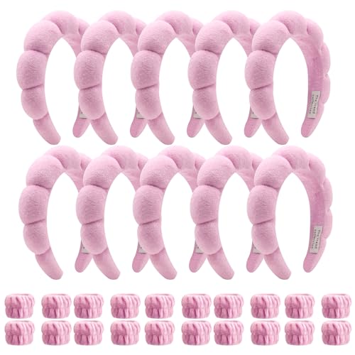 10 Pack Spa Headband and Wristband for Washing Face, Makeup and Skincare. Puffy Terry Cloth, Non Slip Get Ready Hairband for Women, Teens, Girls. Cute Hair Accessories. (Pink) - color: Pink