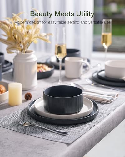 Famiware Star Stoneware Dinnerware Sets for 8, Reactive Glaze Plates, Bowls - color: Matte White & Charcoal